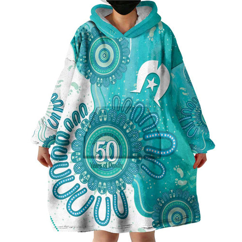 NAIDOC Week 2026 Wearable Blanket Hoodie 50 Years Deadly Dhari Cyan Aboriginal Art