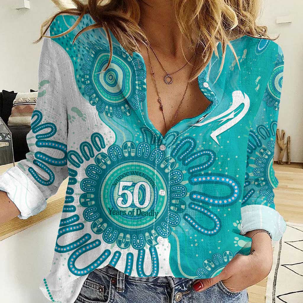 NAIDOC Week 2026 Women Casual Shirt 50 Years Deadly Dhari Cyan Aboriginal Art