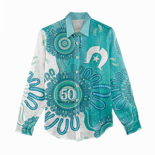NAIDOC Week 2026 Women Casual Shirt 50 Years Deadly Dhari Cyan Aboriginal Art