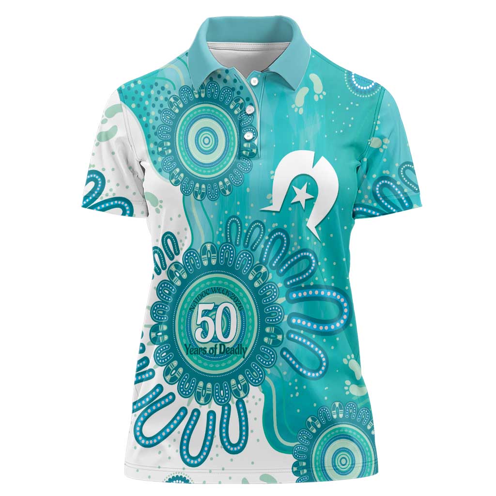 NAIDOC Week 2026 Women Polo Shirt 50 Years Deadly Dhari Cyan Aboriginal Art