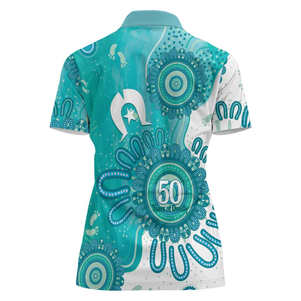 NAIDOC Week 2026 Women Polo Shirt 50 Years Deadly Dhari Cyan Aboriginal Art