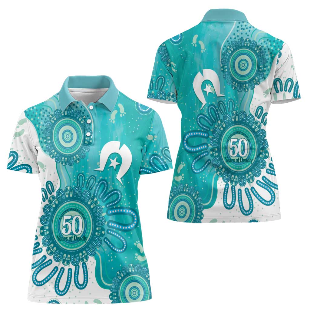 NAIDOC Week 2026 Women Polo Shirt 50 Years Deadly Dhari Cyan Aboriginal Art