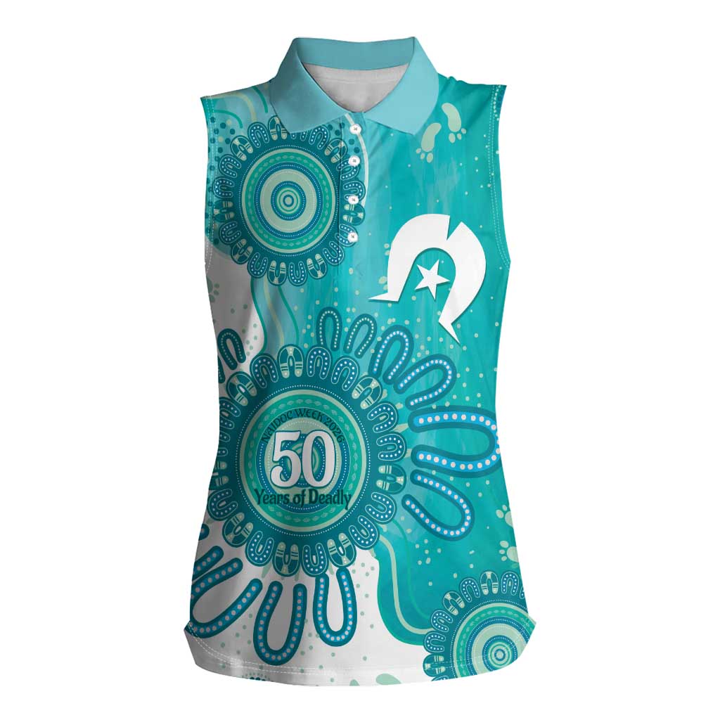 NAIDOC Week 2026 Women Sleeveless Polo Shirt 50 Years Deadly Dhari Cyan Aboriginal Art