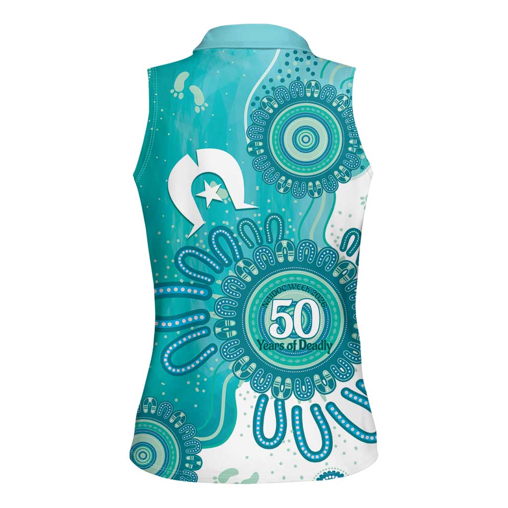 NAIDOC Week 2026 Women Sleeveless Polo Shirt 50 Years Deadly Dhari Cyan Aboriginal Art