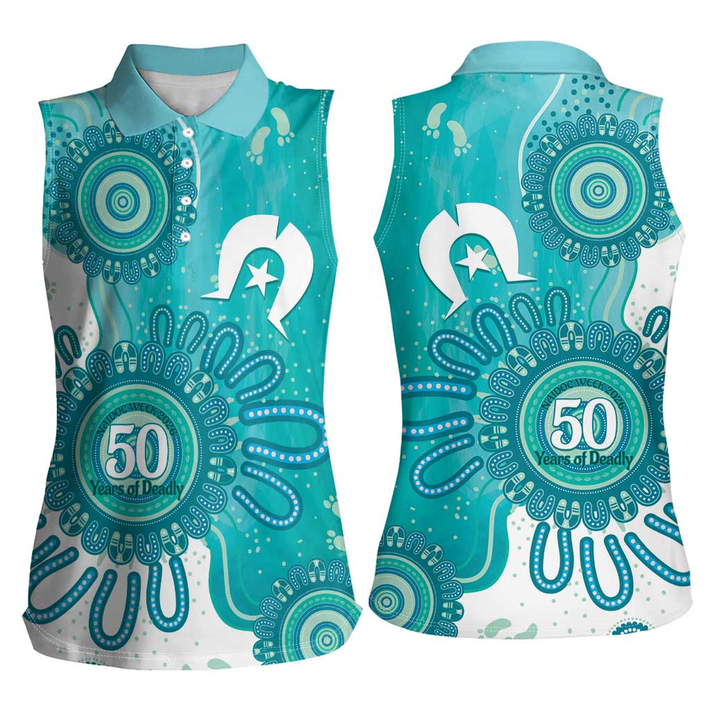 NAIDOC Week 2026 Women Sleeveless Polo Shirt 50 Years Deadly Dhari Cyan Aboriginal Art