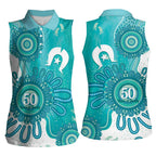 NAIDOC Week 2026 Women Sleeveless Polo Shirt 50 Years Deadly Dhari Cyan Aboriginal Art