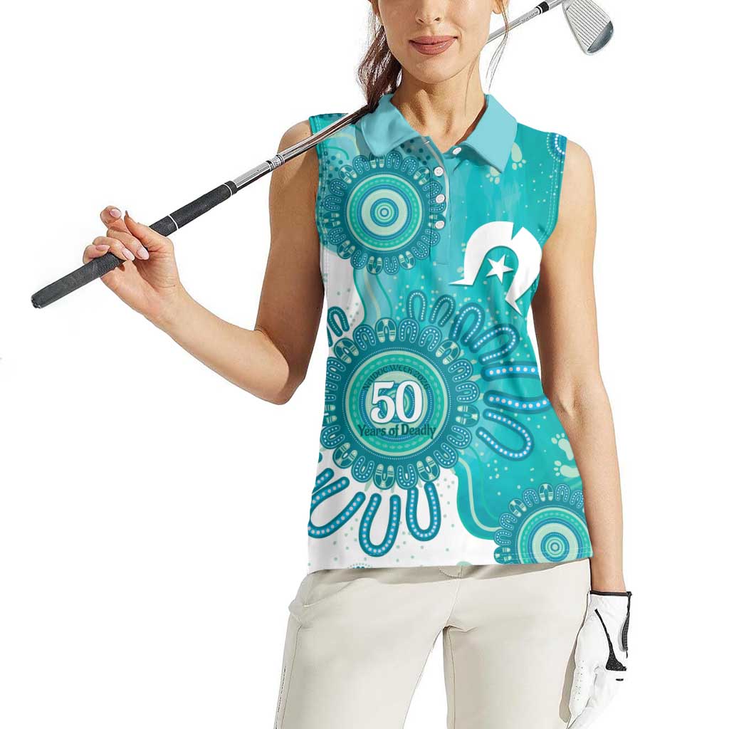 NAIDOC Week 2026 Women Sleeveless Polo Shirt 50 Years Deadly Dhari Cyan Aboriginal Art