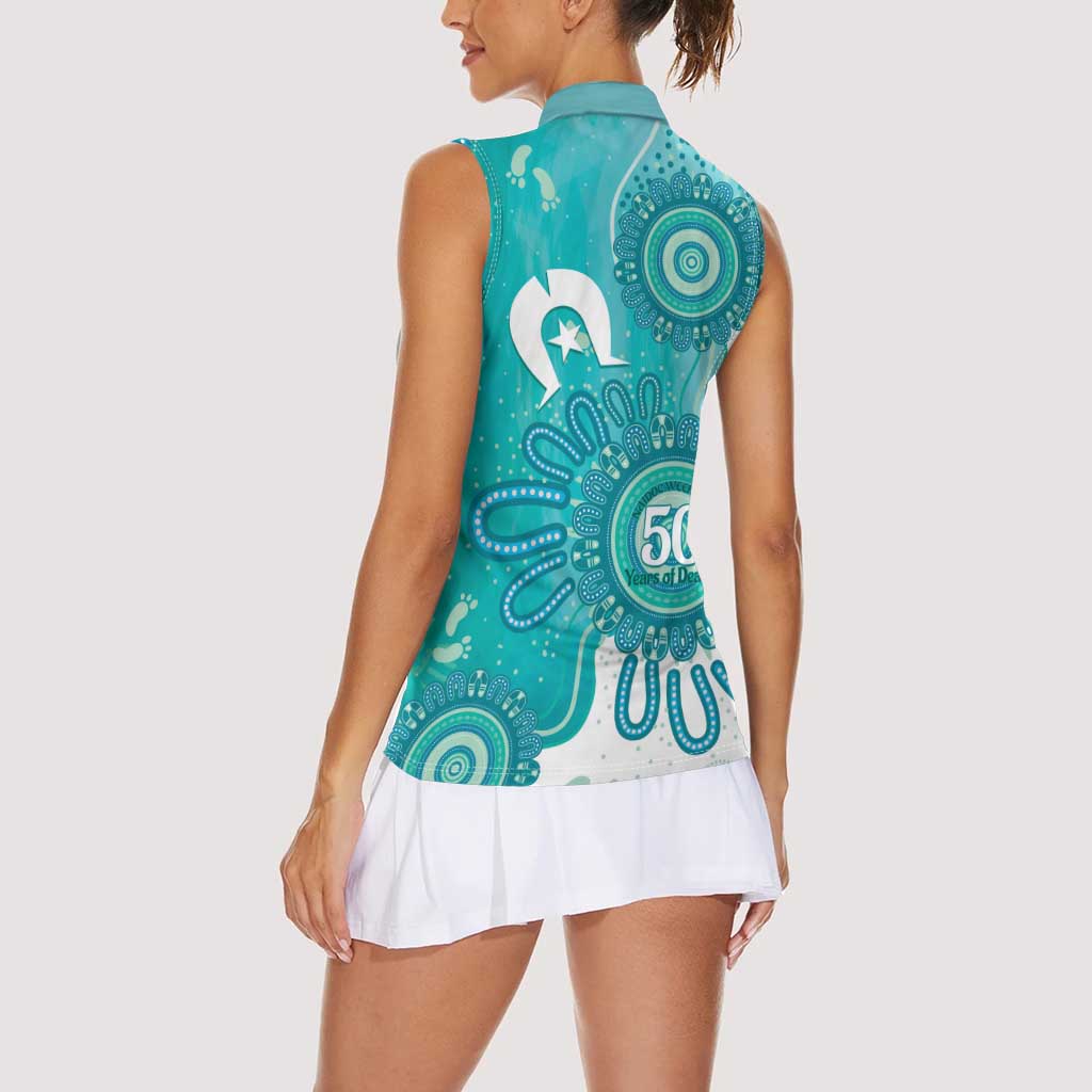 NAIDOC Week 2026 Women Sleeveless Polo Shirt 50 Years Deadly Dhari Cyan Aboriginal Art