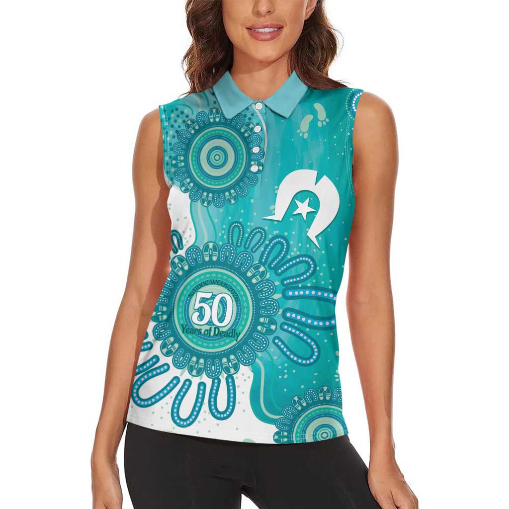 NAIDOC Week 2026 Women Sleeveless Polo Shirt 50 Years Deadly Dhari Cyan Aboriginal Art