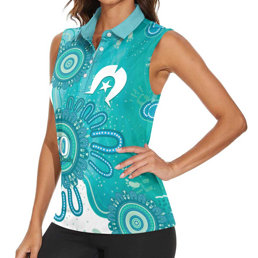 NAIDOC Week 2026 Women Sleeveless Polo Shirt 50 Years Deadly Dhari Cyan Aboriginal Art