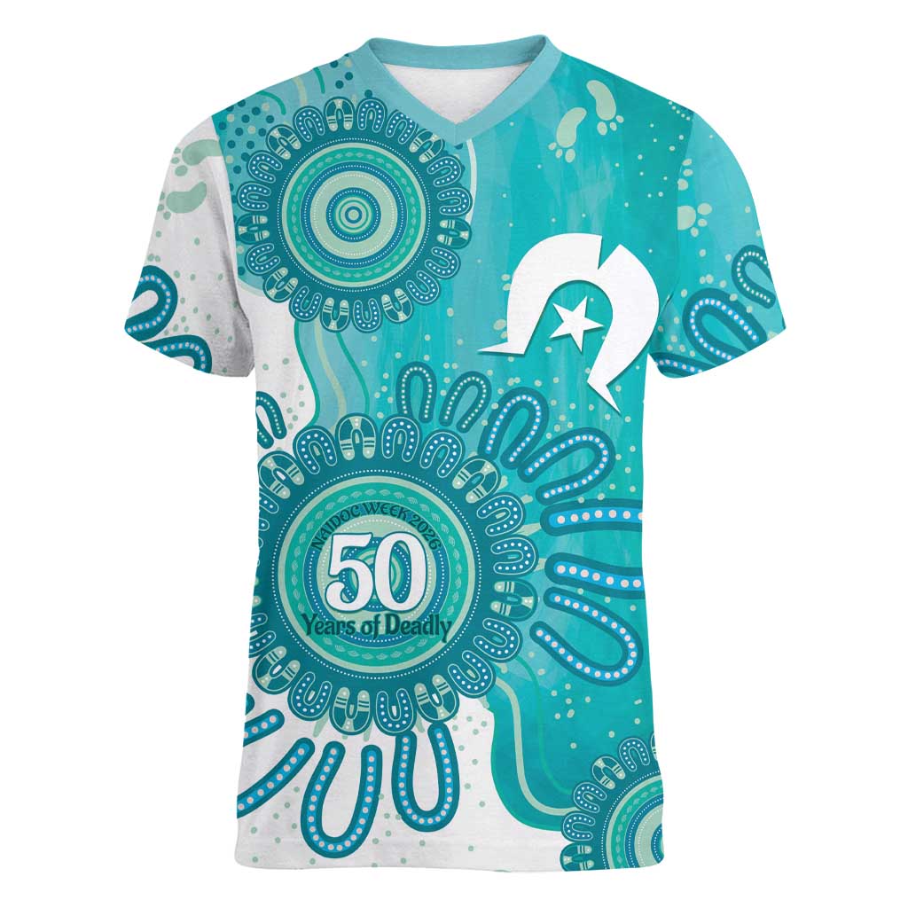 NAIDOC Week 2026 Women V-Neck T-Shirt 50 Years Deadly Dhari Cyan Aboriginal Art