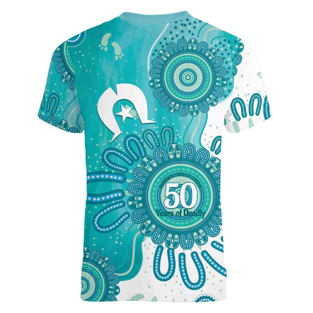 NAIDOC Week 2026 Women V-Neck T-Shirt 50 Years Deadly Dhari Cyan Aboriginal Art