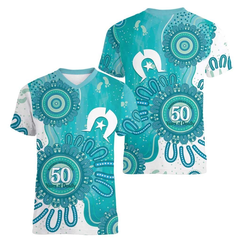 NAIDOC Week 2026 Women V-Neck T-Shirt 50 Years Deadly Dhari Cyan Aboriginal Art