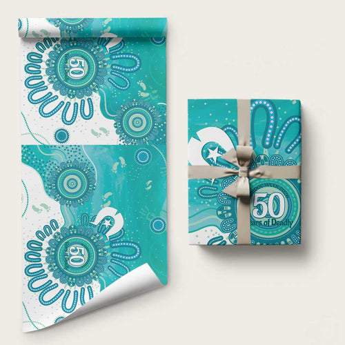 NAIDOC Week 2026 Wrapping Paper 50 Years Deadly Dhari Cyan Aboriginal Art
