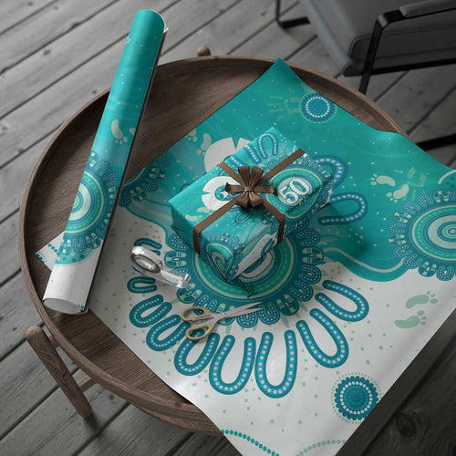 NAIDOC Week 2026 Wrapping Paper 50 Years Deadly Dhari Cyan Aboriginal Art