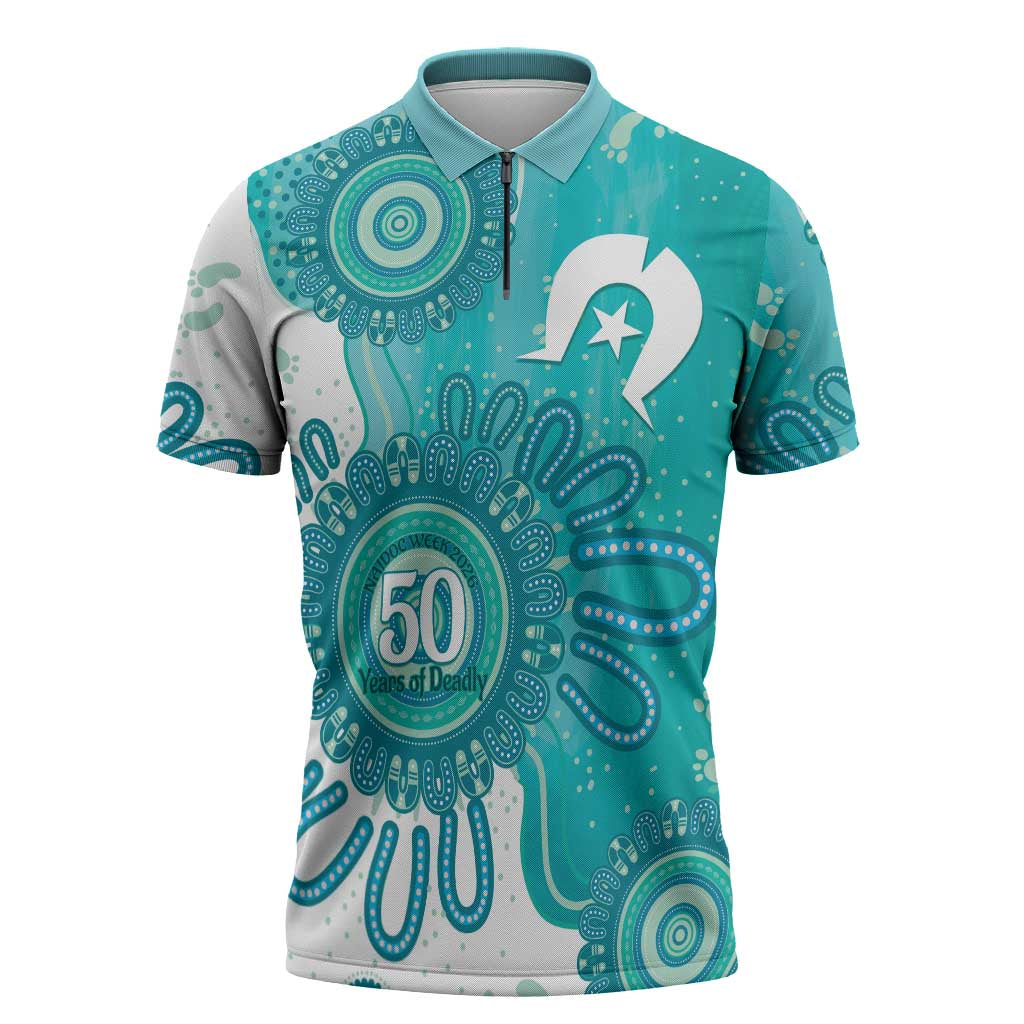 NAIDOC Week 2026 Zipper Polo Shirt 50 Years Deadly Dhari Cyan Aboriginal Art