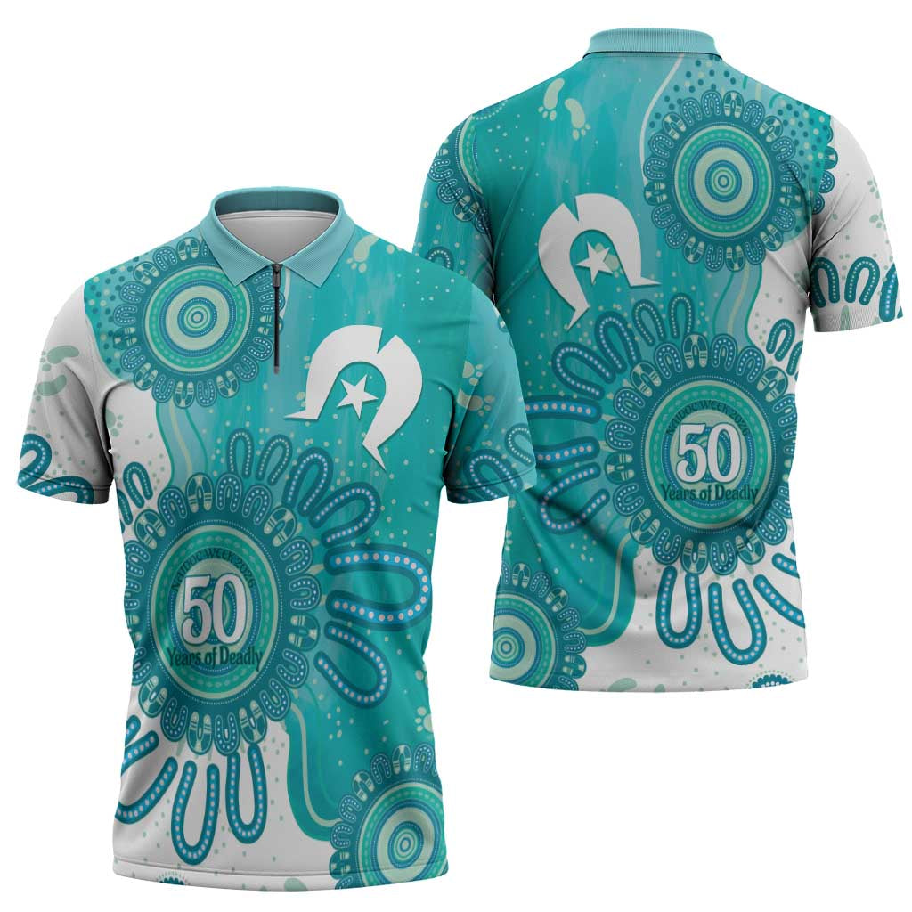 NAIDOC Week 2026 Zipper Polo Shirt 50 Years Deadly Dhari Cyan Aboriginal Art