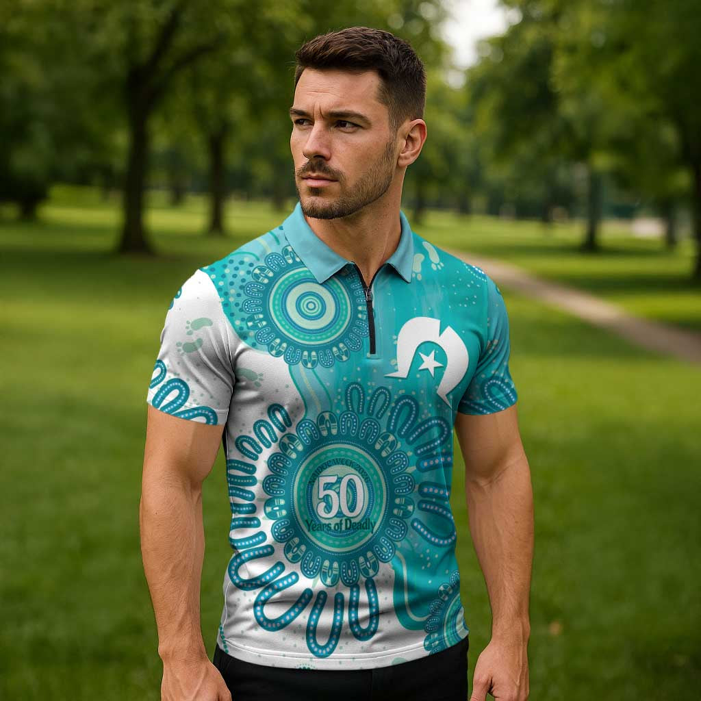 NAIDOC Week 2026 Zipper Polo Shirt 50 Years Deadly Dhari Cyan Aboriginal Art