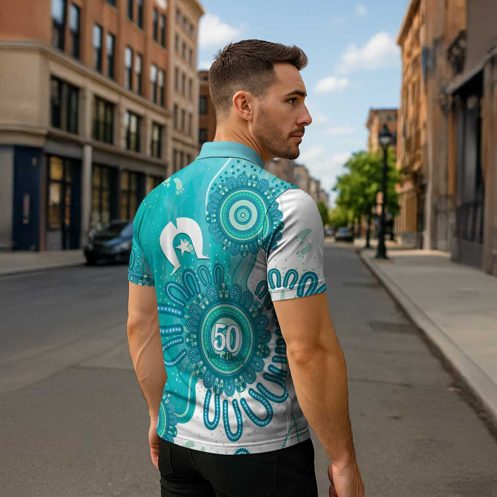 NAIDOC Week 2026 Zipper Polo Shirt 50 Years Deadly Dhari Cyan Aboriginal Art