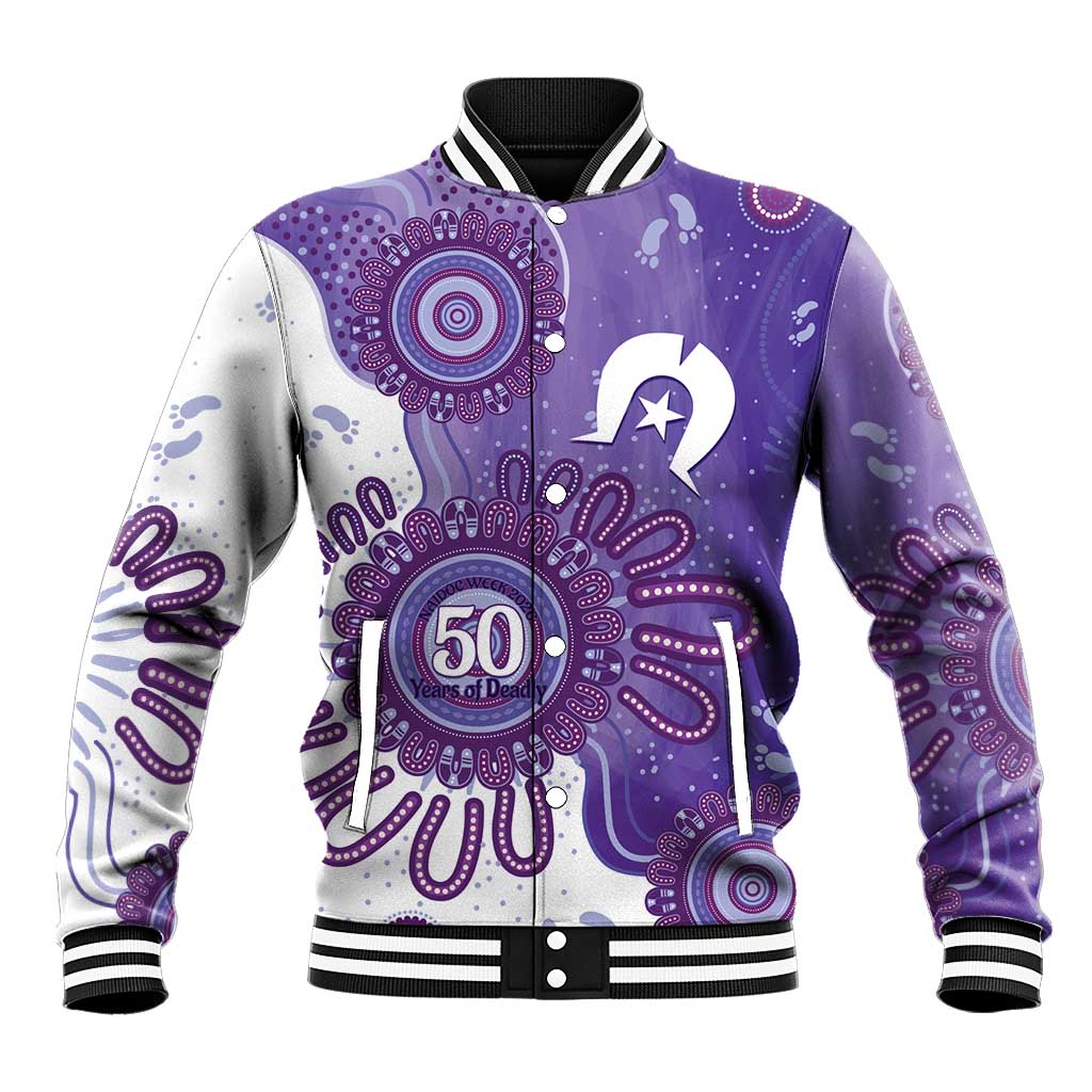 NAIDOC Week 2026 Baseball Jacket 50 Years Deadly Dhari Purple Aboriginal Art