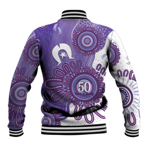 NAIDOC Week 2026 Baseball Jacket 50 Years Deadly Dhari Purple Aboriginal Art