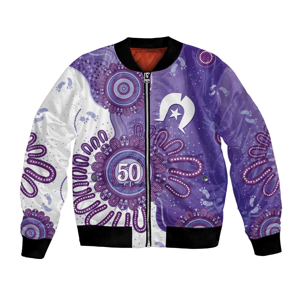 NAIDOC Week 2026 Bomber Jacket 50 Years Deadly Dhari Purple Aboriginal Art