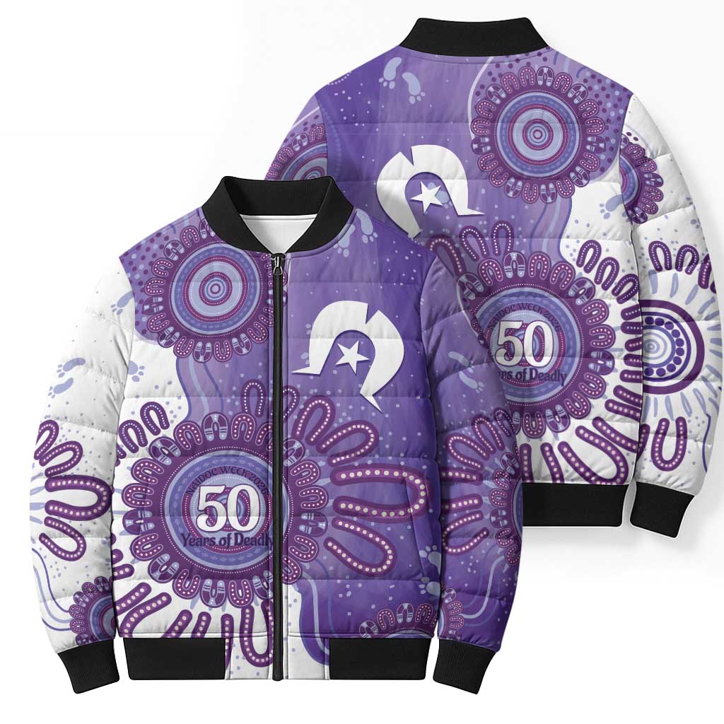 NAIDOC Week 2026 Bomber Puffer Jacket 50 Years Deadly Dhari Purple Aboriginal Art