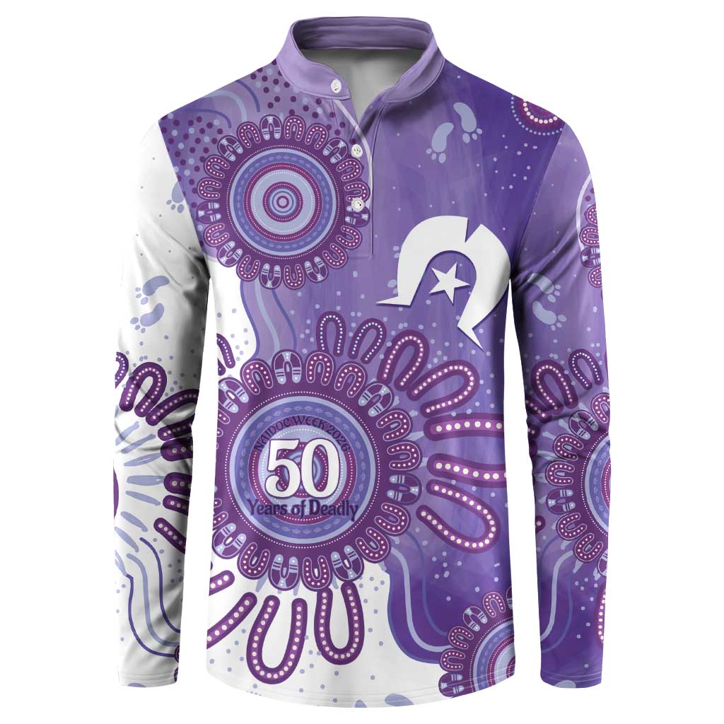 NAIDOC Week 2026 Button Sweatshirt 50 Years Deadly Dhari Purple Aboriginal Art