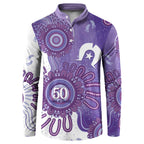 NAIDOC Week 2026 Button Sweatshirt 50 Years Deadly Dhari Purple Aboriginal Art