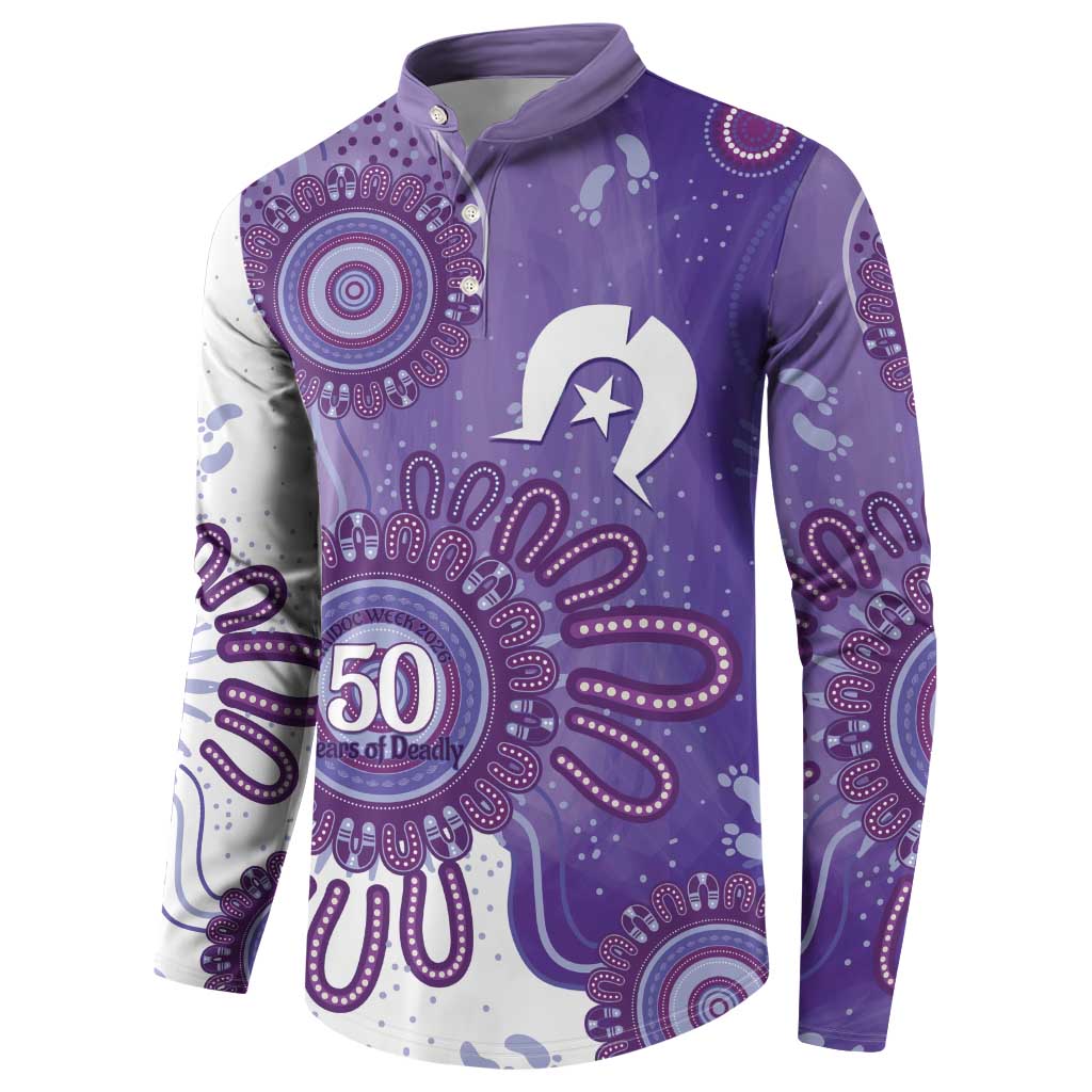 NAIDOC Week 2026 Button Sweatshirt 50 Years Deadly Dhari Purple Aboriginal Art