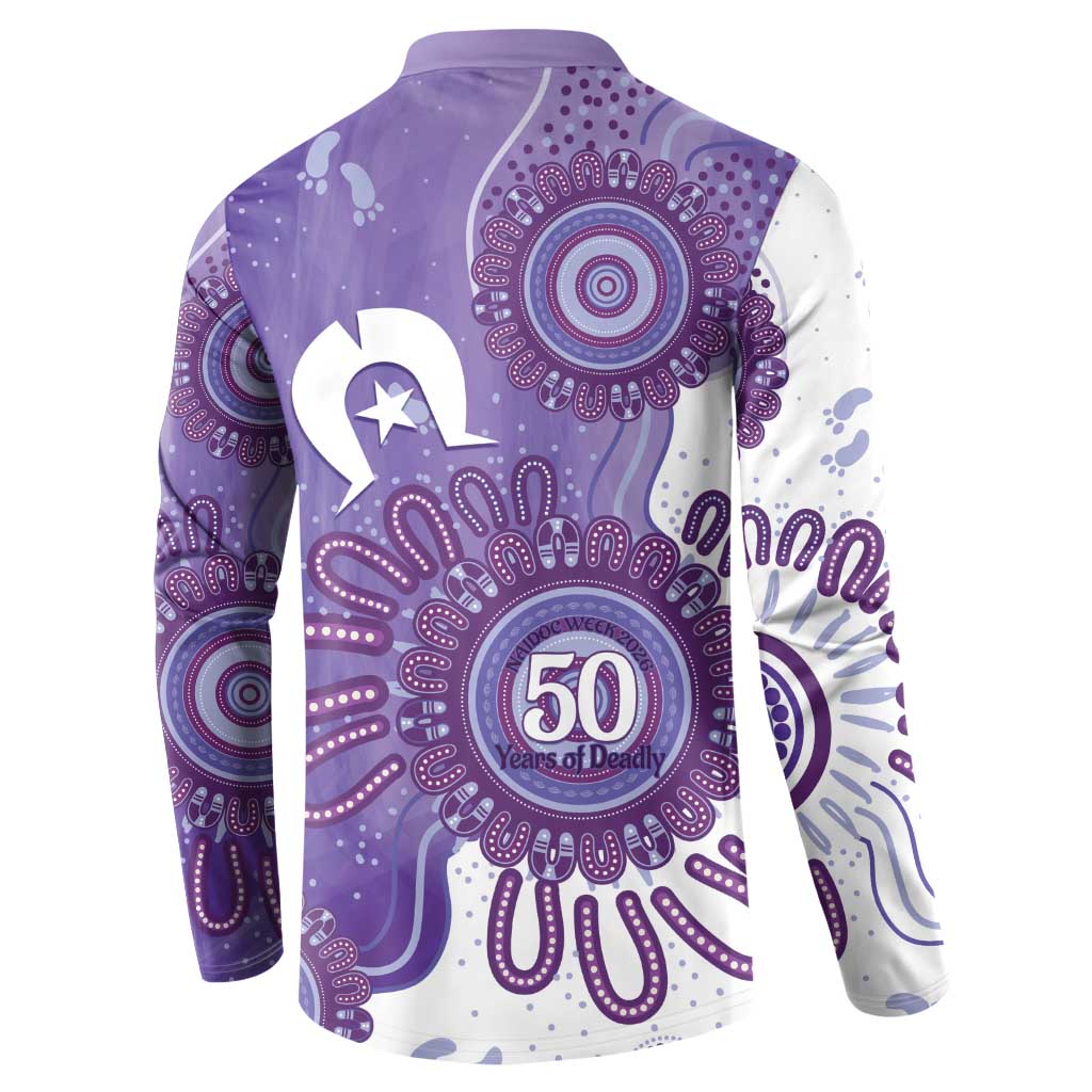 NAIDOC Week 2026 Button Sweatshirt 50 Years Deadly Dhari Purple Aboriginal Art