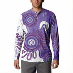 NAIDOC Week 2026 Button Sweatshirt 50 Years Deadly Dhari Purple Aboriginal Art