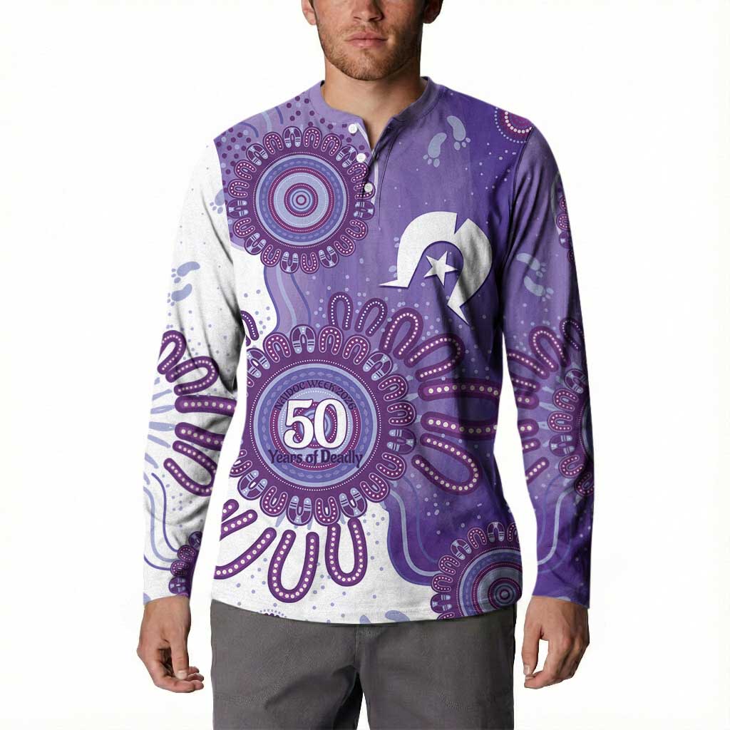 NAIDOC Week 2026 Button Sweatshirt 50 Years Deadly Dhari Purple Aboriginal Art
