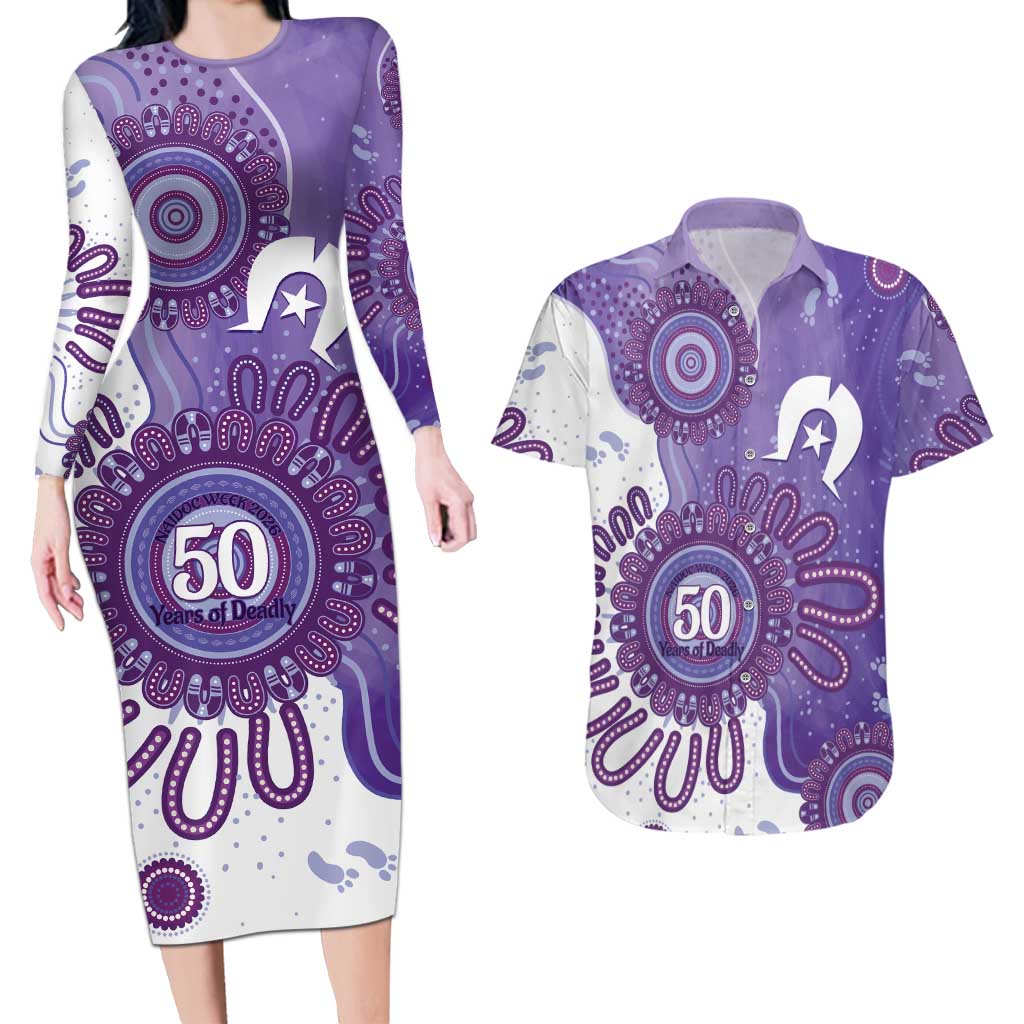NAIDOC Week 2026 Couples Matching Long Sleeve Bodycon Dress and Hawaiian Shirt 50 Years Deadly Dhari Purple Aboriginal Art