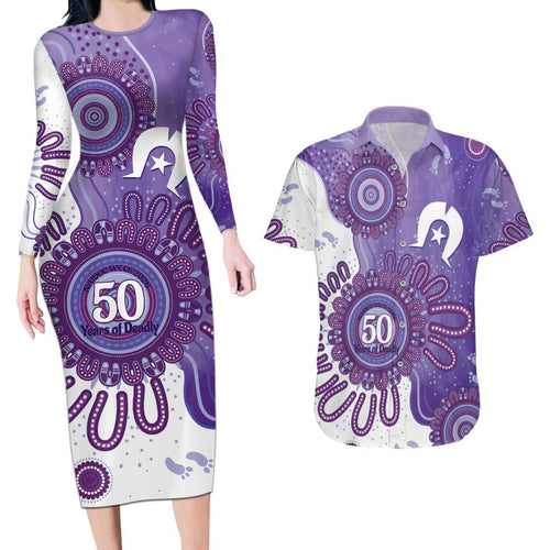 NAIDOC Week 2026 Couples Matching Long Sleeve Bodycon Dress and Hawaiian Shirt 50 Years Deadly Dhari Purple Aboriginal Art