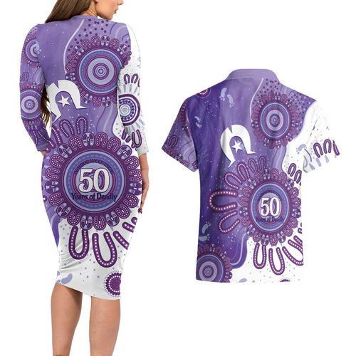 NAIDOC Week 2026 Couples Matching Long Sleeve Bodycon Dress and Hawaiian Shirt 50 Years Deadly Dhari Purple Aboriginal Art