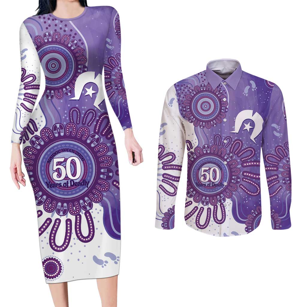NAIDOC Week 2026 Couples Matching Long Sleeve Bodycon Dress and Long Sleeve Button Shirt 50 Years Deadly Dhari Purple Aboriginal Art