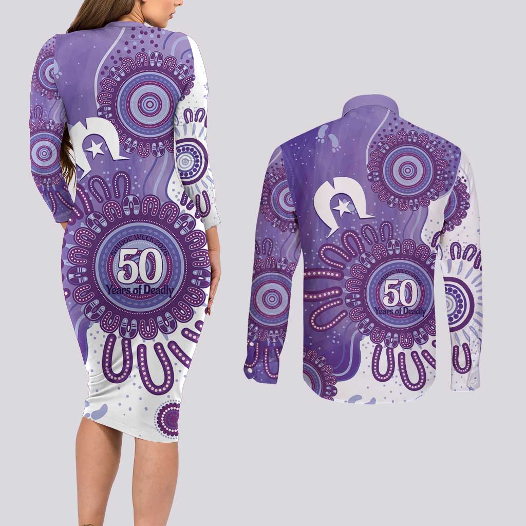 NAIDOC Week 2026 Couples Matching Long Sleeve Bodycon Dress and Long Sleeve Button Shirt 50 Years Deadly Dhari Purple Aboriginal Art
