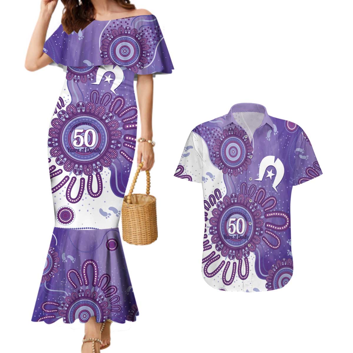 NAIDOC Week 2026 Couples Matching Mermaid Dress and Hawaiian Shirt 50 Years Deadly Dhari Purple Aboriginal Art