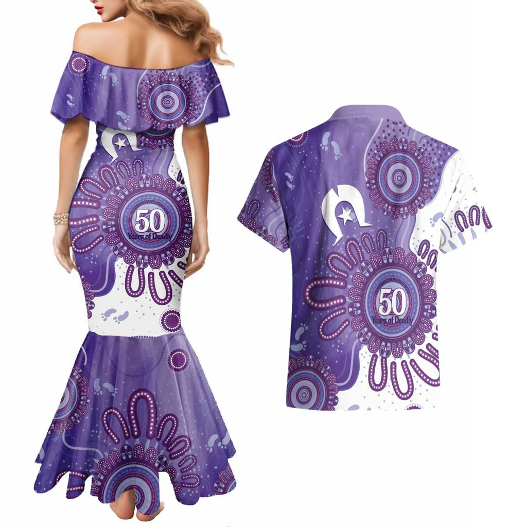 NAIDOC Week 2026 Couples Matching Mermaid Dress and Hawaiian Shirt 50 Years Deadly Dhari Purple Aboriginal Art