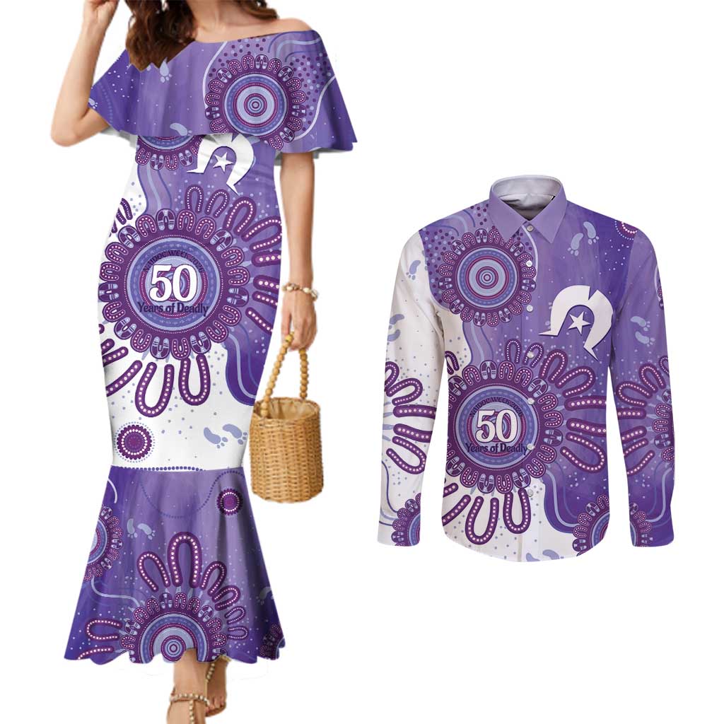 NAIDOC Week 2026 Couples Matching Mermaid Dress and Long Sleeve Button Shirt 50 Years Deadly Dhari Purple Aboriginal Art