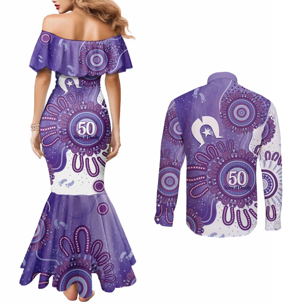 NAIDOC Week 2026 Couples Matching Mermaid Dress and Long Sleeve Button Shirt 50 Years Deadly Dhari Purple Aboriginal Art