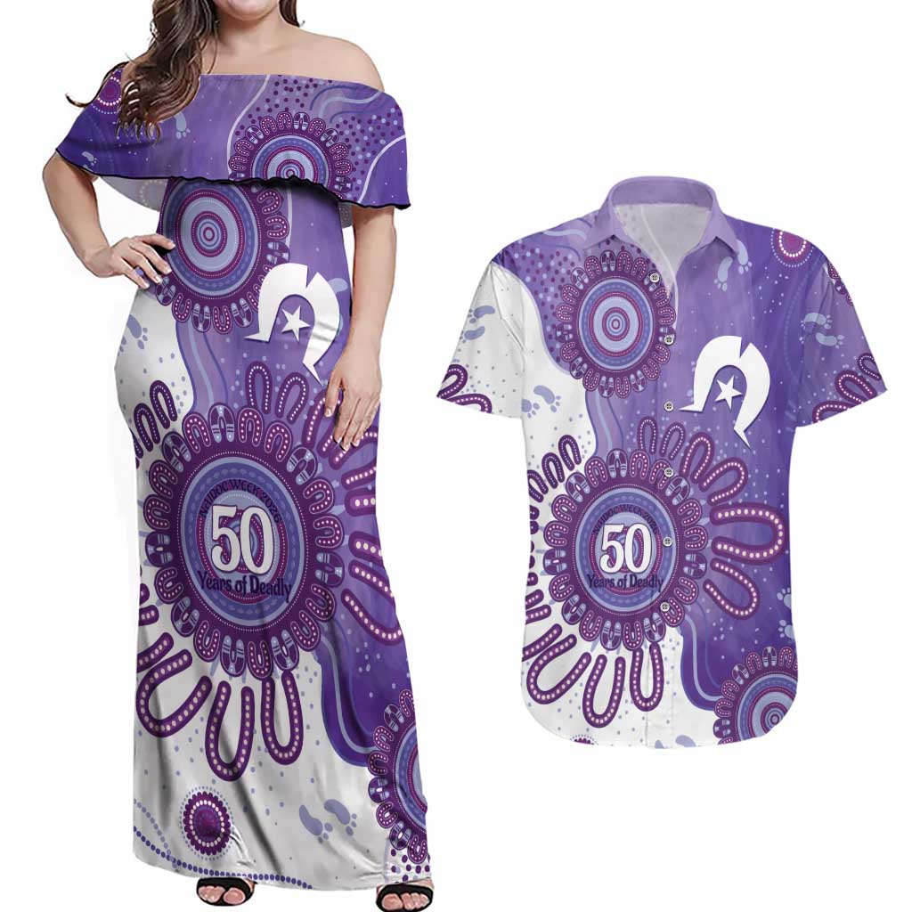 NAIDOC Week 2026 Couples Matching Off Shoulder Maxi Dress and Hawaiian Shirt 50 Years Deadly Dhari Purple Aboriginal Art