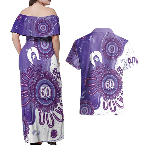 NAIDOC Week 2026 Couples Matching Off Shoulder Maxi Dress and Hawaiian Shirt 50 Years Deadly Dhari Purple Aboriginal Art