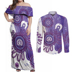 NAIDOC Week 2026 Couples Matching Off Shoulder Maxi Dress and Long Sleeve Button Shirt 50 Years Deadly Dhari Purple Aboriginal Art