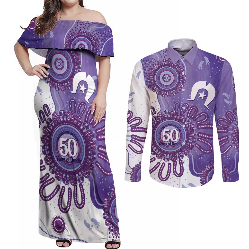NAIDOC Week 2026 Couples Matching Off Shoulder Maxi Dress and Long Sleeve Button Shirt 50 Years Deadly Dhari Purple Aboriginal Art