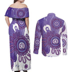NAIDOC Week 2026 Couples Matching Off Shoulder Maxi Dress and Long Sleeve Button Shirt 50 Years Deadly Dhari Purple Aboriginal Art