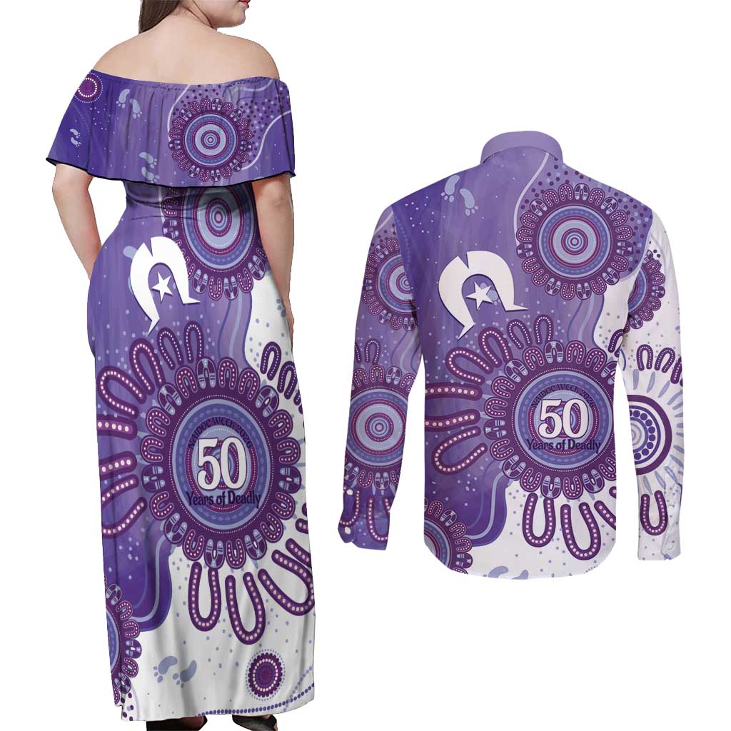NAIDOC Week 2026 Couples Matching Off Shoulder Maxi Dress and Long Sleeve Button Shirt 50 Years Deadly Dhari Purple Aboriginal Art