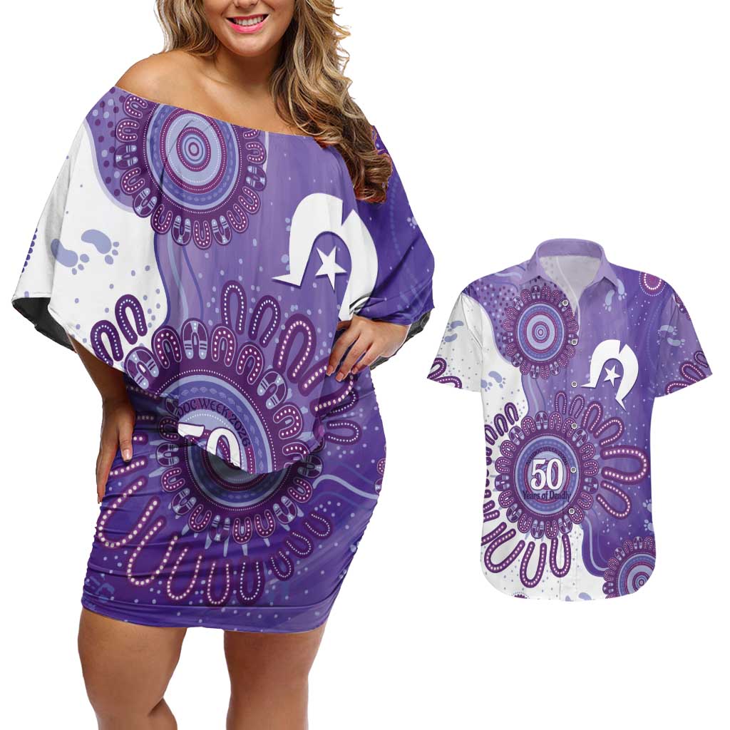 NAIDOC Week 2026 Couples Matching Off Shoulder Short Dress and Hawaiian Shirt 50 Years Deadly Dhari Purple Aboriginal Art