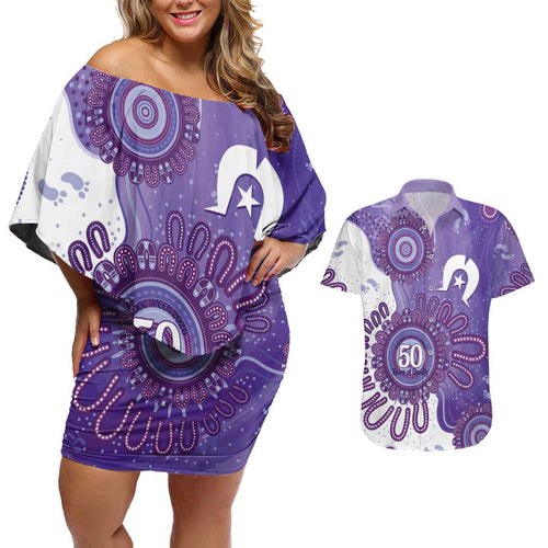 NAIDOC Week 2026 Couples Matching Off Shoulder Short Dress and Hawaiian Shirt 50 Years Deadly Dhari Purple Aboriginal Art